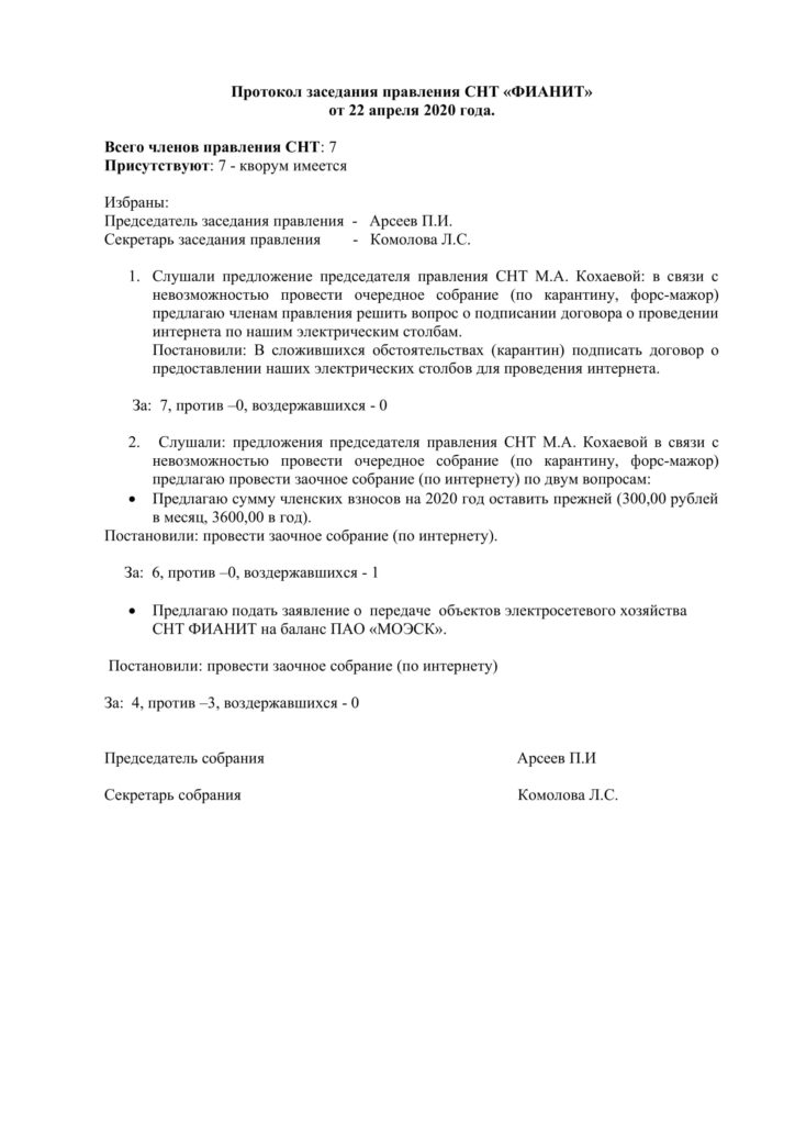 Протокол заседания правления СНТ «ФИАНИТ» от 22 апреля 2020 года.